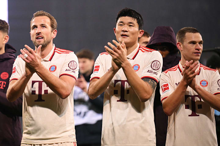 Harry Kane và Kim Min-jae ăn mừng chiến thắng của Bayern trước St Paul